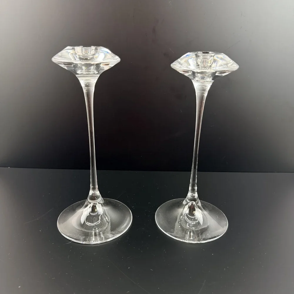Kosta Boda Fanfare Crystal Candlesticks Pair Kjell Engman‎ Sweden